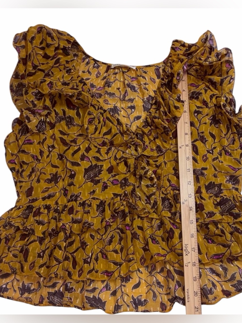 Ulla Johnson Mustard Floral Ruffle Sleeveless Silk Blend Blouse Size 8 - Picture 7 of 10